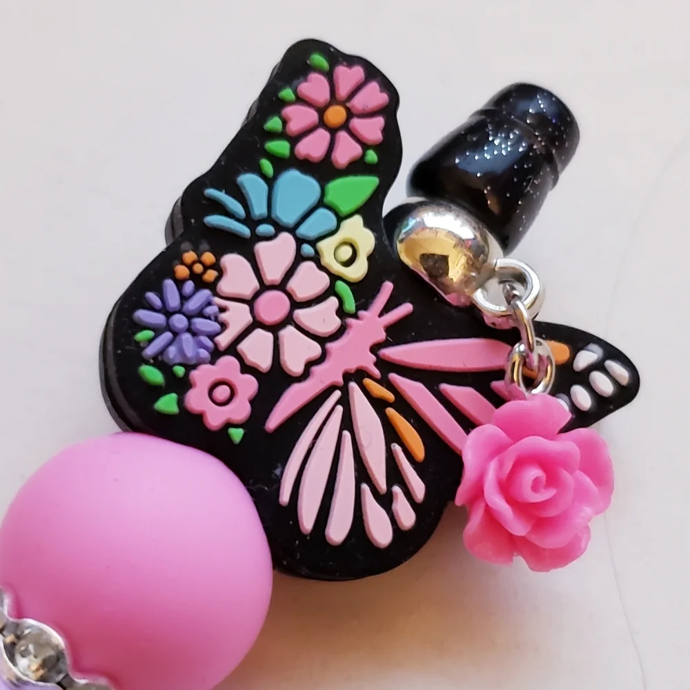 Handmade Pink Flower Butterfly Beaded Silicone Focal Bead Pen